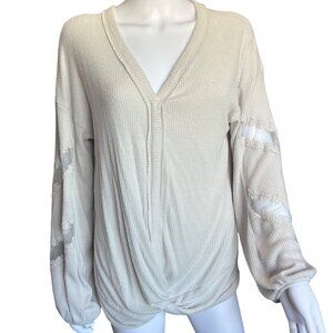 Daytrip Cream Lace Sleeve Ribbed Knit V-Neck Crossover Sweater Womens Size XL